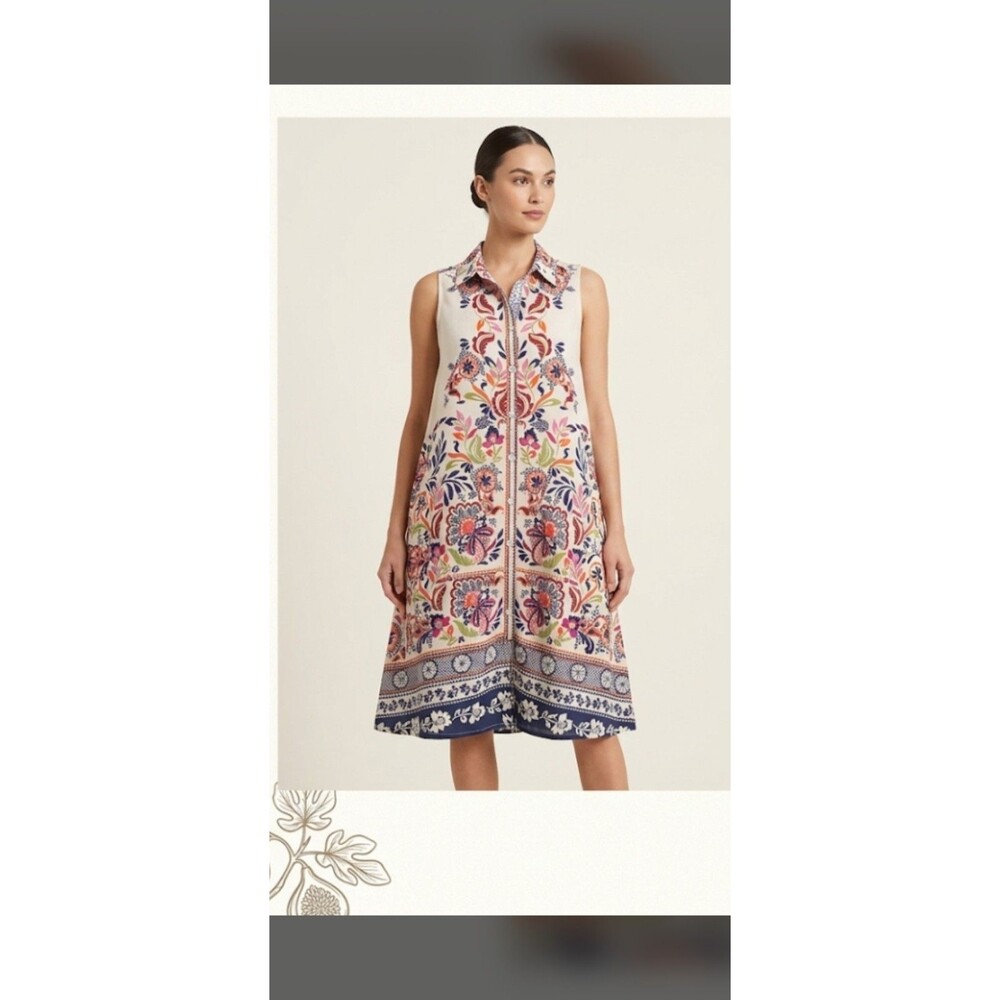 Anthropologie Fig+Flower Boho Sleeveless Tunic Dress in Red & Cream Floral Sz L
